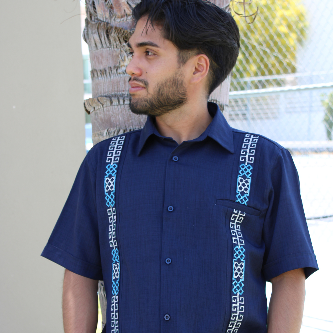 Navy Blue Embroidered Guayabera Shirt