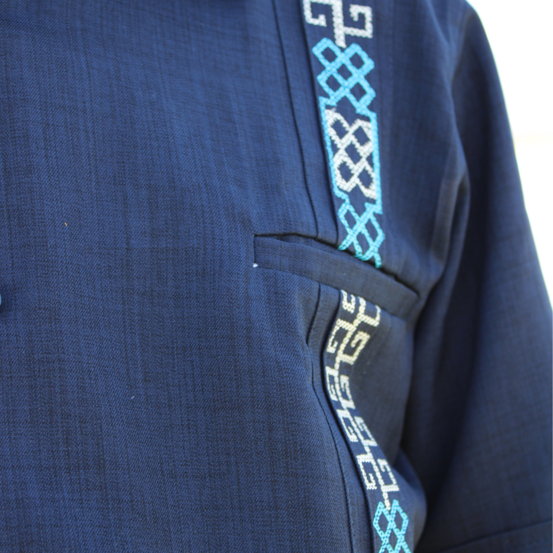 Navy Blue Embroidered Guayabera Shirt