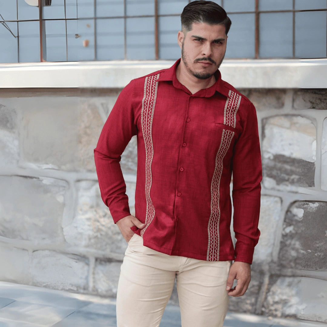 Camisa Guayabera Manga Larga Tinto
