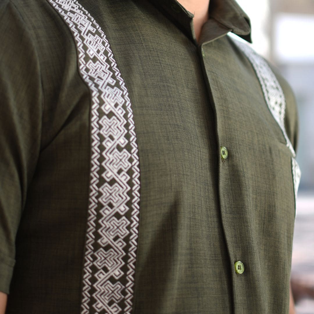 Olive Green Embroidered Guayabera Shirt Long Sleeve