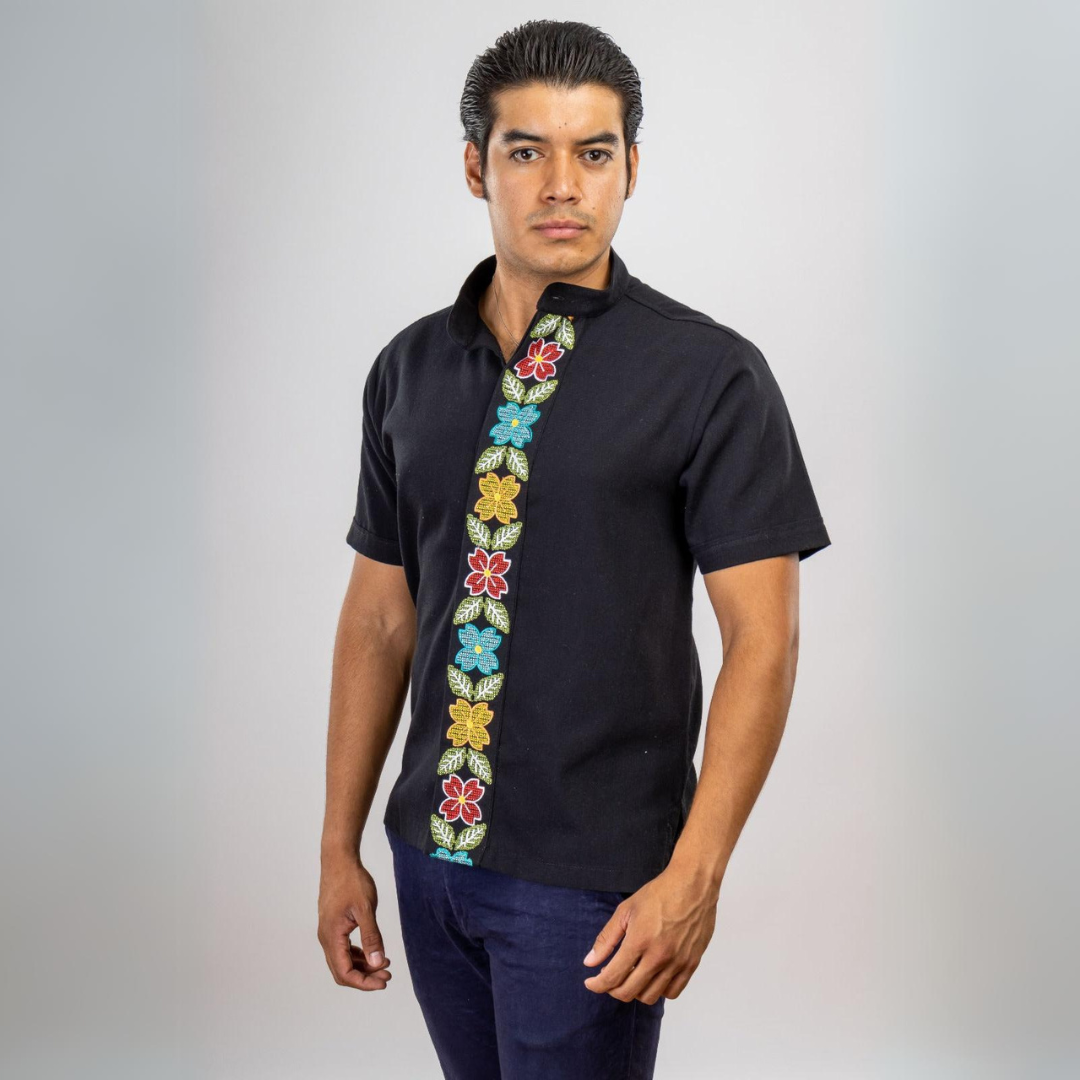 Black Floral Embroidered Guayabera Shirt