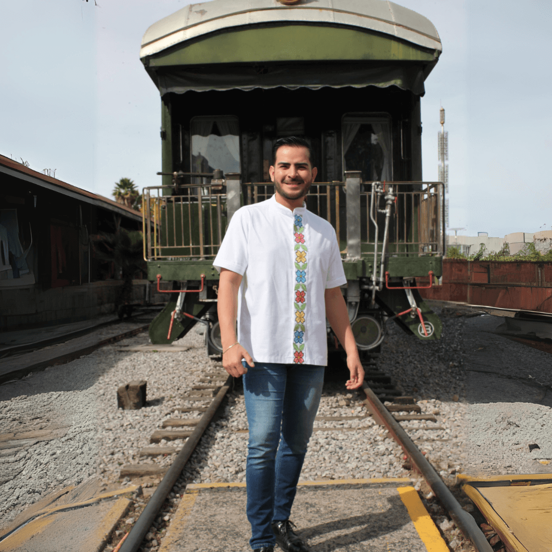 White Guayabera Shirt with Lethe Flowers