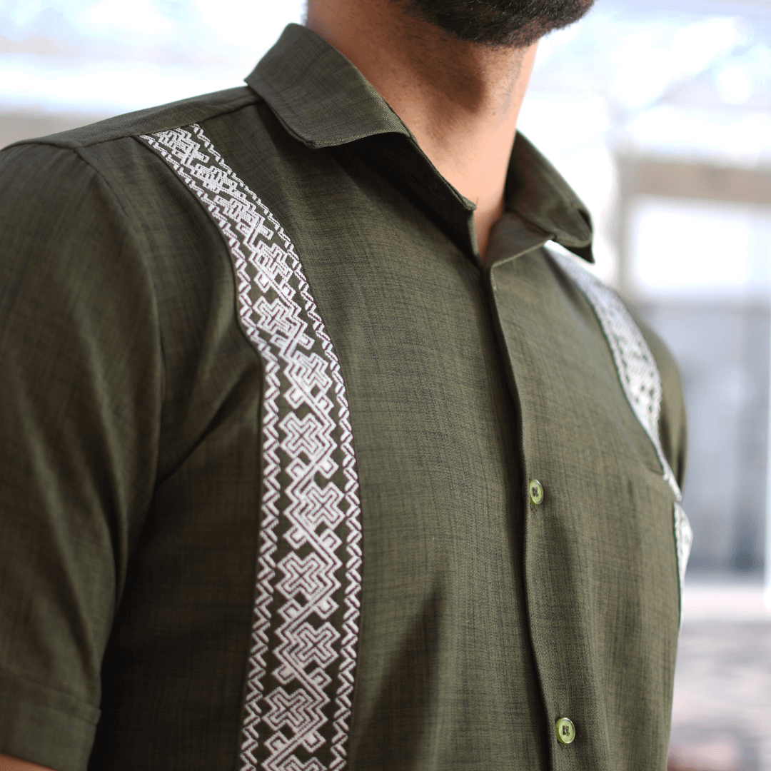 Olive Green Embroidered Guayabera Shirt