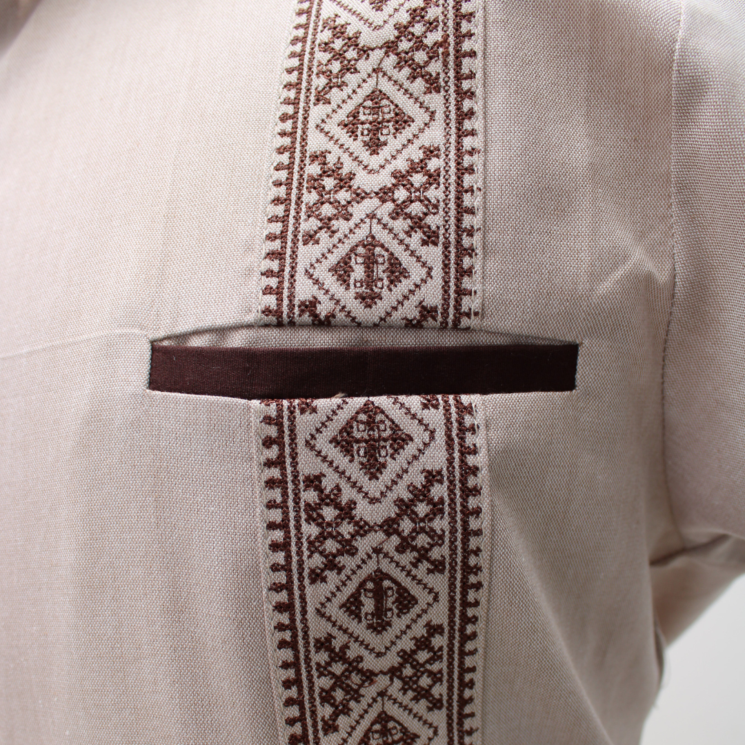 Light Brown Guayabera Shirt Embroidered in Cross Stitch