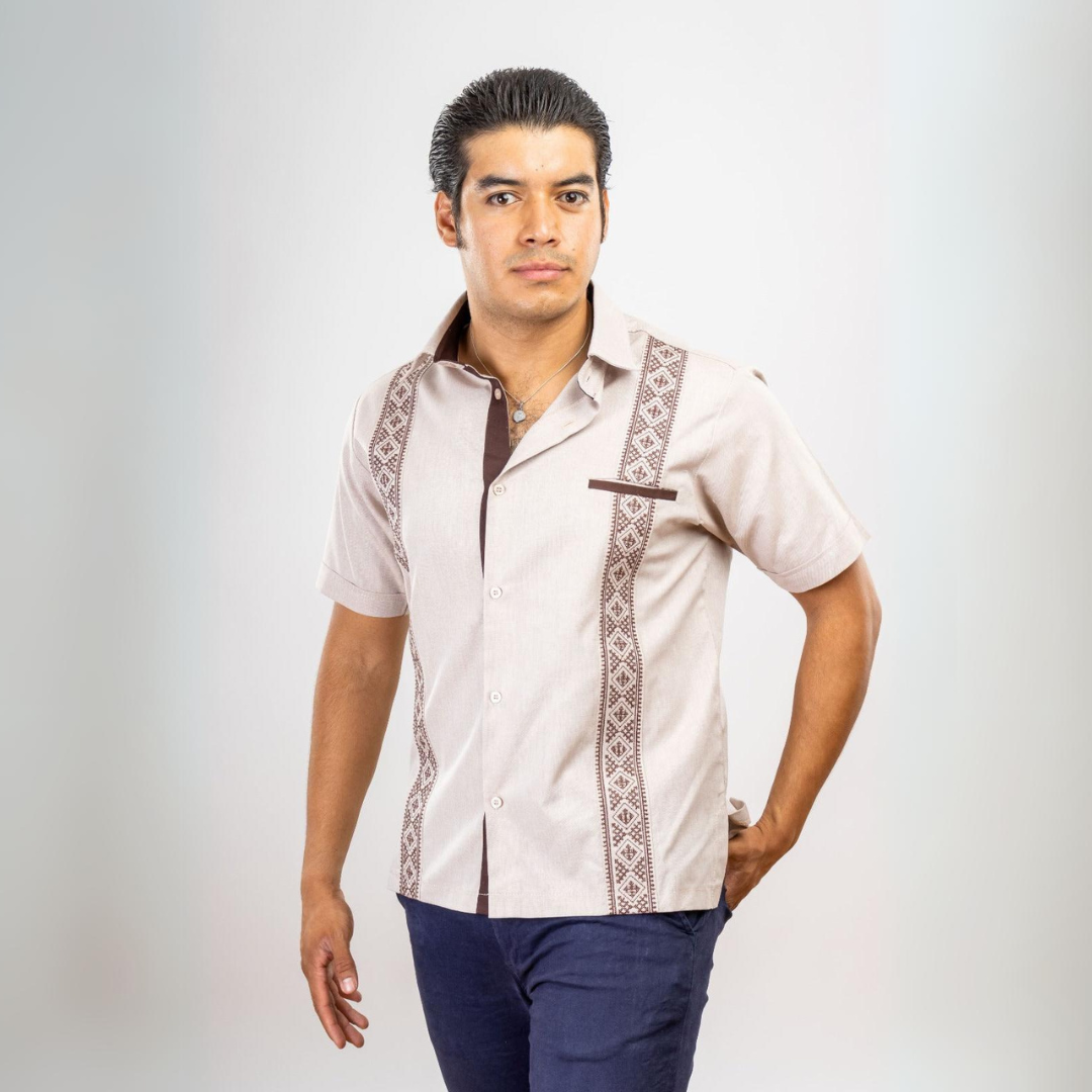 Light Brown Guayabera Shirt Embroidered in Cross Stitch