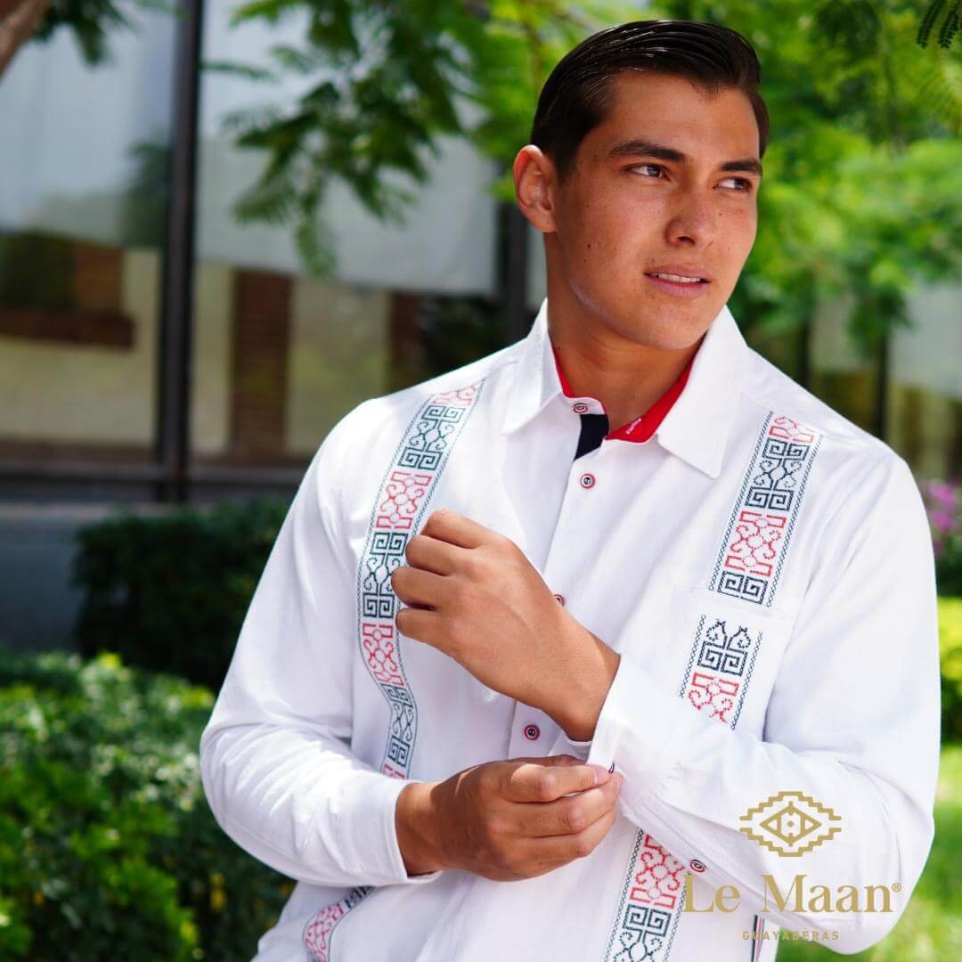 White Long Sleeve Guayabera Shirt Embroidered TMY