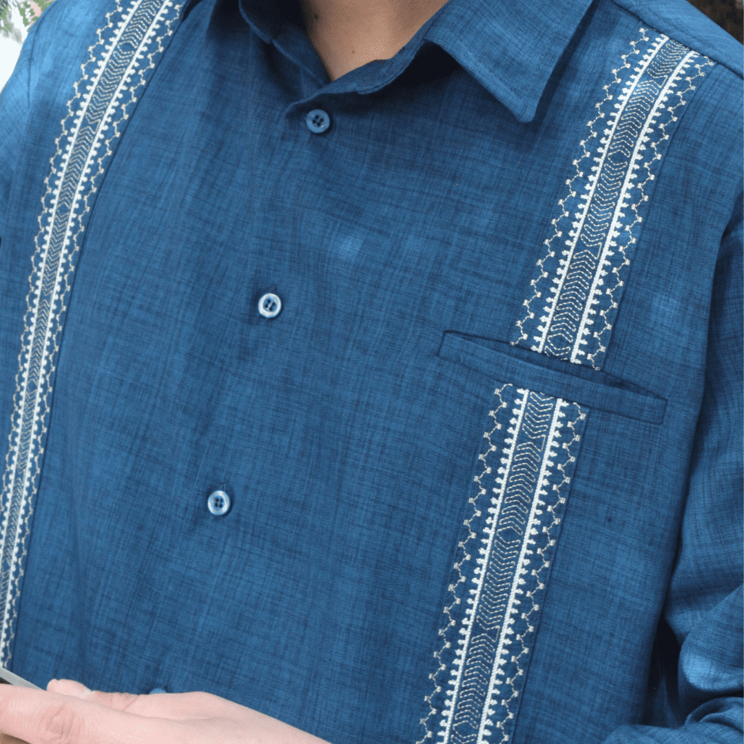 Petroleum Blue Embroidered Guayabera Shirt Long Sleeve