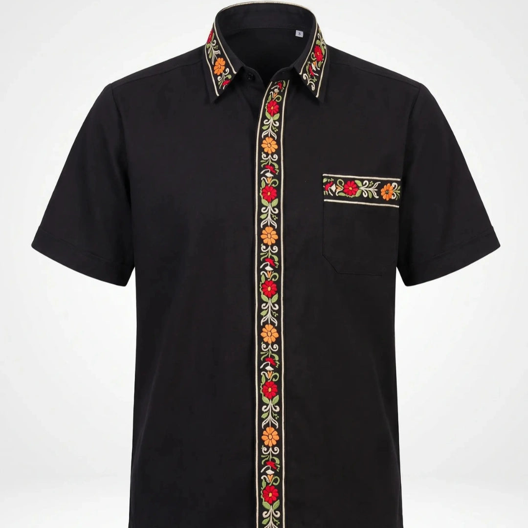 Camisa Guayabera Flores Mexicana Negro